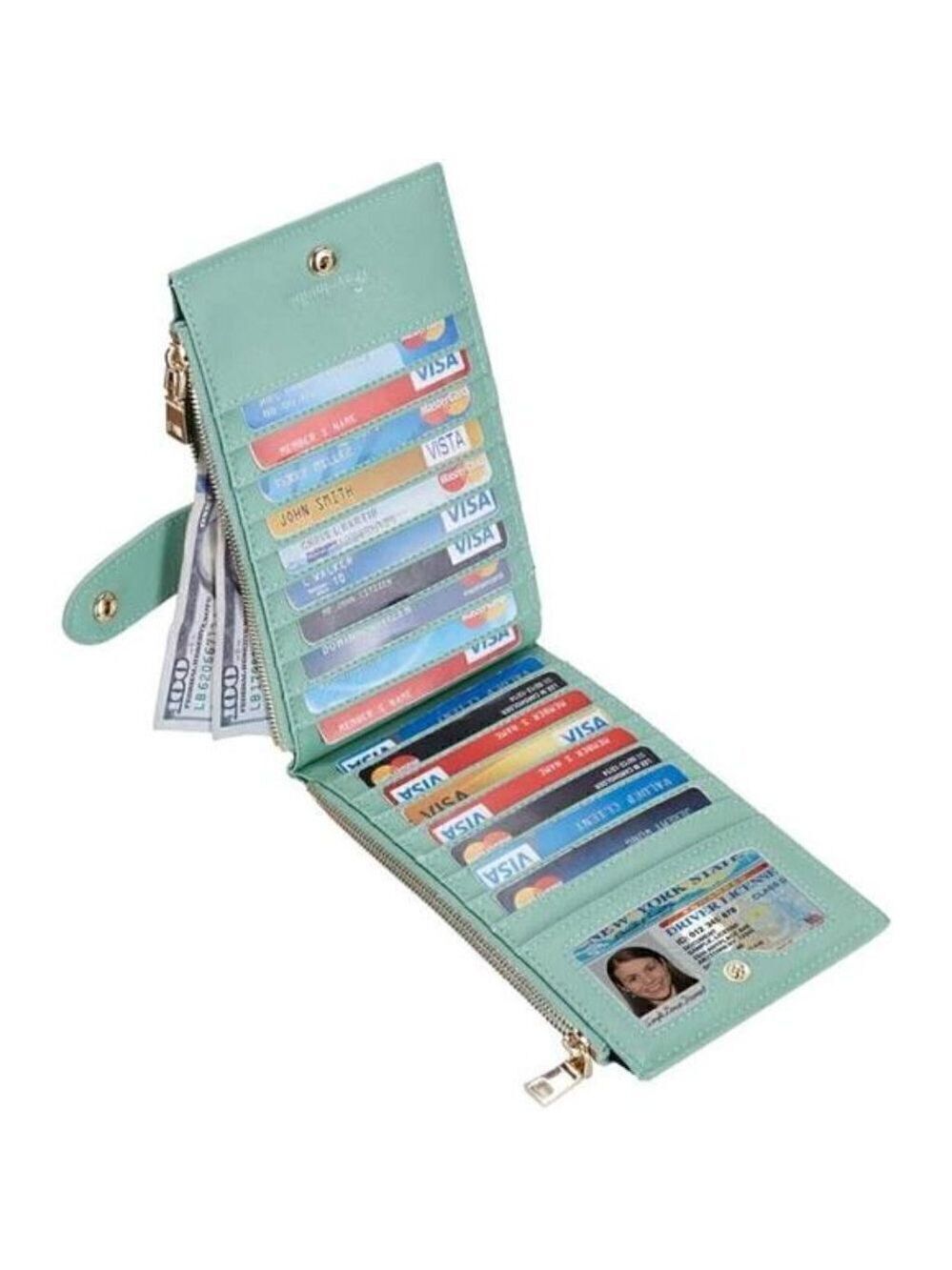 Women's Wallet RFID Blocking Bi fold Multi Card Wallet Zipper Pocket Light Green